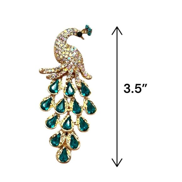 Stunning AB and Green Rhinestone Peacock Gold Tone Earrings - Picture 3 of 3